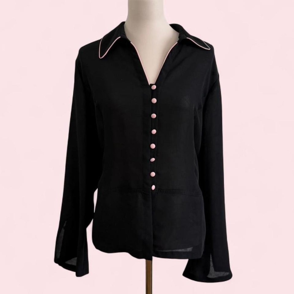 Emma James Black Blouse with Pink Trim & Buttons — Size 18